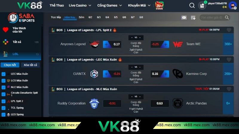 Các kèo cược tại Liên minh huyền thoại VK88
