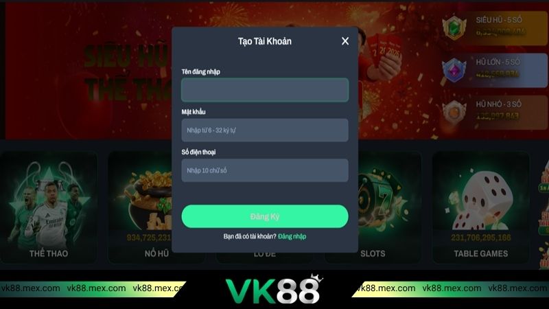 Điền thông tin Đăng ký VK88