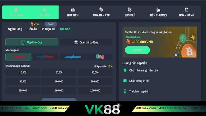 Nạp vốn bằng phương thức thẻ cào
